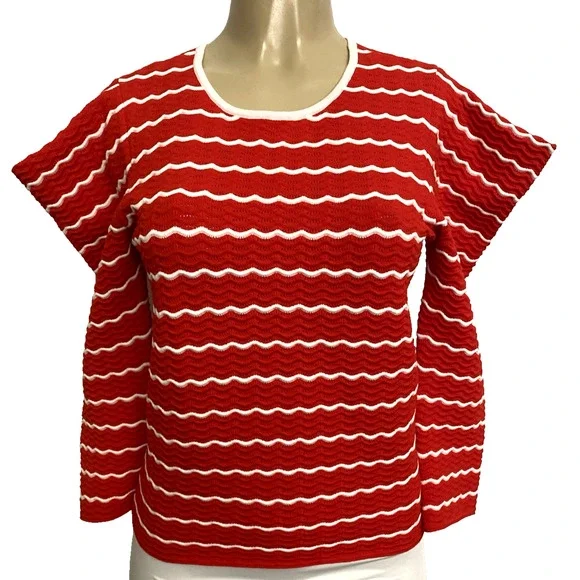 CAROLINA HERRERA Ruffled Striped Pointelle Knit Top Sweater Red White Round S